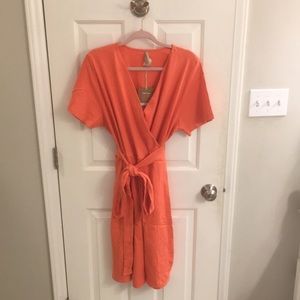 Mata Traders Katie plus size wrap dress in melon ribknit organic cotton, 1X